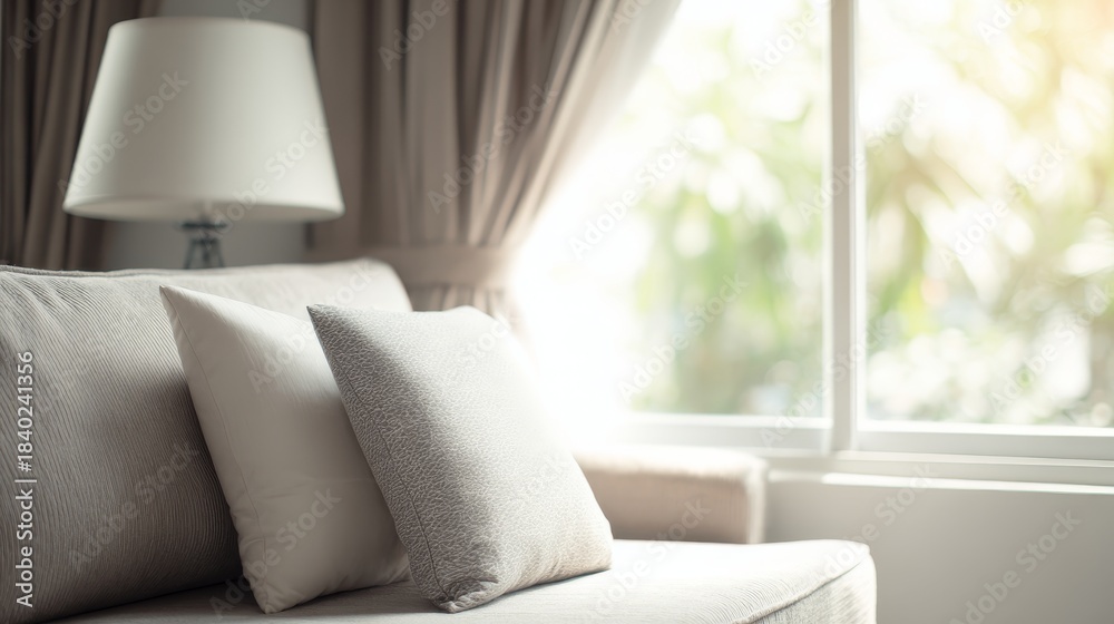 Fototapeta premium A soft white cushion resting against a neutral background, creating a calm and minimal setting that highlights comfort, cozy living, simple home decor and a clean modern interior atmosphere