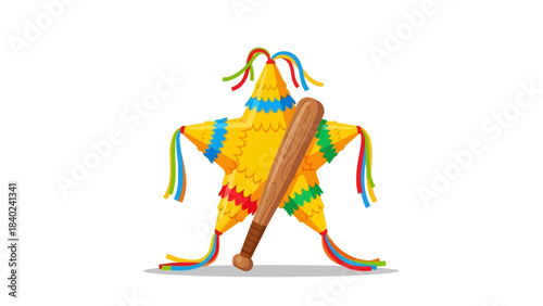 Vibrant yellow star-shaped piñata adorned with colorful streamers and a classic wooden baseball bat, poised for a festive celebration, set against a clean white background