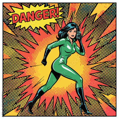 Pop Art Comic Woman Running Against Danger Explosion Background