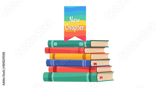 Vibrant stack of diverse books featuring a 'New Chapter' bookmark, representing the journey of knowledge, personal development, and fresh beginnings through education and reading