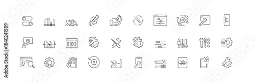 Setup and Settings web icons in line style. Options, download, update, configuration, gears, optimisation, collection. Vector illustration.