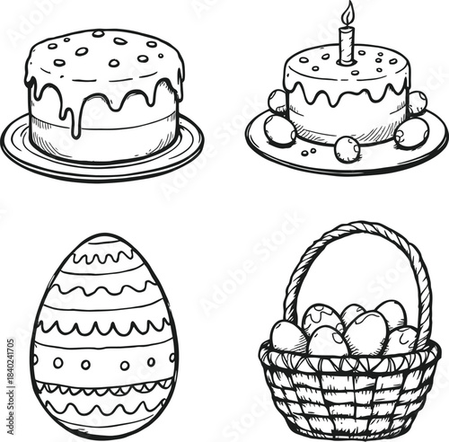 Celebration icon set in black line style featuring birthday cakes Easter egg and basket with eggs