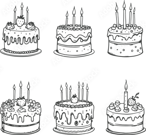 Birthday cake icon set in black line style featuring six decorated cakes with candles and fruit toppings