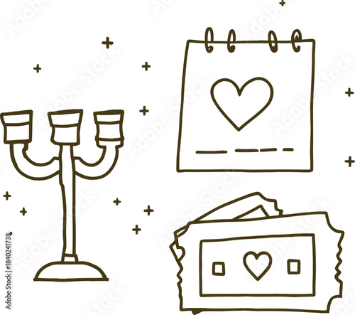 Romantic event icon set in black line style featuring candelabra calendar with heart and love tickets