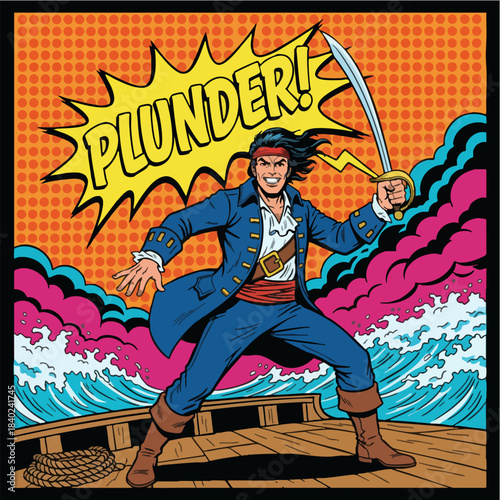 Swashbuckling pirate shouting Plunder in vibrant comic style illustration