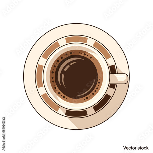 Top-down graphic illustration of a steaming cup of rich, dark coffee, elegantly served in a ceramic mug on a matching saucer, a warm and inviting beverage