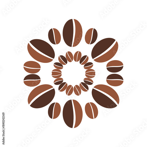 A circular arrangement of coffee beans forming a decorative pattern, symbolizing the artistry and craft associated with coffee cultivation and brewing