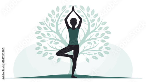 Serene Yoga Silhouette Vector Holding a Balanced Tree Pose, Representing Mindfulness, Harmony, and Wellness for Holistic Health and Lifestyle Designs.