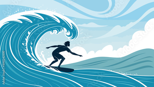 Dynamic Surfer Silhouette Vector Masterfully Riding a Powerful Ocean Wave, Perfect for Capturing the Thrill of Water Sports and Coastal Adventure Designs.