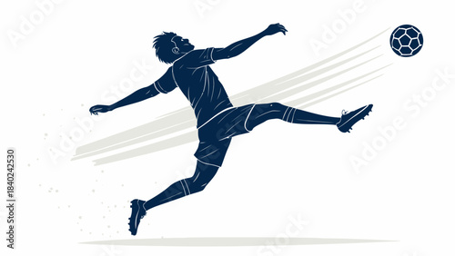 Energetic Soccer Player Silhouette Vector Kicking a Ball in Mid-Stride, Ideal for Capturing the Excitement of Football in Sports-Related Designs and Promotions.