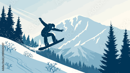 Dynamic Snowboarder Silhouette Vector Executing an Aerial Trick, Capturing the Thrill of Extreme Winter Sports for Modern Graphic Design and Youthful Appeal.