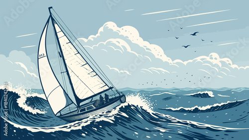 Elegant Sailing Silhouette Vector of a Sailboat Cutting Through Water, conveying freedom, adventure, and the beauty of maritime sport.