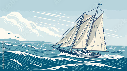Elegant Sailing Silhouette Vector of a Sailboat Cutting Through Water, conveying freedom, adventure, and the beauty of maritime sport.