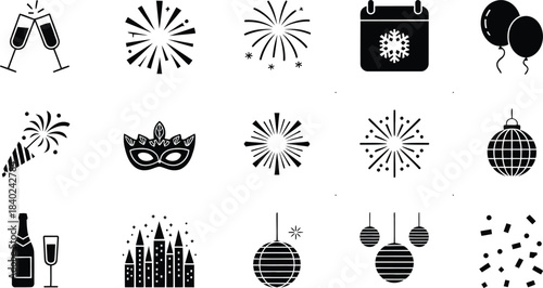 Collection of festive celebration icons including fireworks balloons masquerade mask calendar champagne candles and confetti for holidays and parties