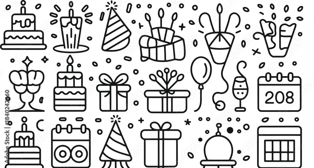 Obraz premium Collection of hand drawn doodle icons celebrating birthdays and new year with cakes candles gifts balloons and calendars for festive design elements