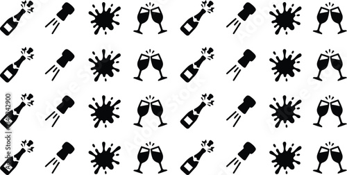 Celebratory pattern of champagne bottles corks splashes and toasting glasses in a repeating motif ideal for festive occasions