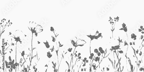 Wildflower background with scattered blooms and dusty ink texture, paper speckle and subtle grit, grainy halftone details and vintage surface.