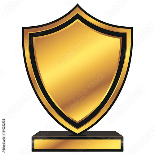 Shiny gold shield award with black base, representing protection and quality
