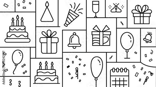 A festive collection of hand drawn birthday celebration icons including cakes gifts balloons party hats confetti and a calendar for marking special occasions