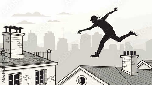Energetic Parkour Athlete Silhouette Vector Leaping Between Buildings, capturing urban sport, freedom, and agility in a dynamic design.