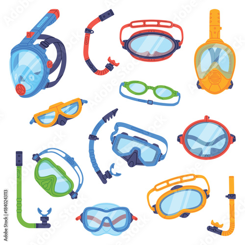 Swimming Mask and Goggles for Diving Underwater Vector Set