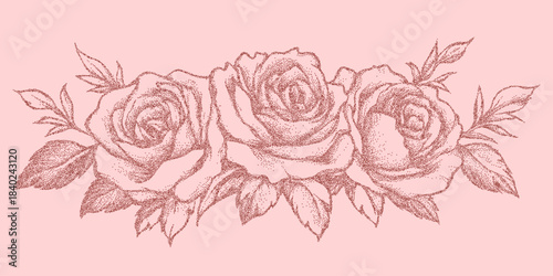 Print of roses on pink background, fine grain texture, light dust overlays and faint stains on aged textured paper.