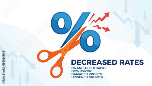 Scissors cutting percentage symbol illustrating decreased rates and financial decline