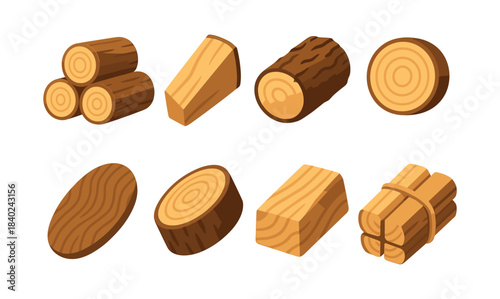 Wood log and timber shapes, flat vector illustration, lumber, cut wood design