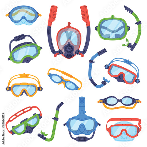 Swimming Mask and Goggles for Diving Underwater Vector Set