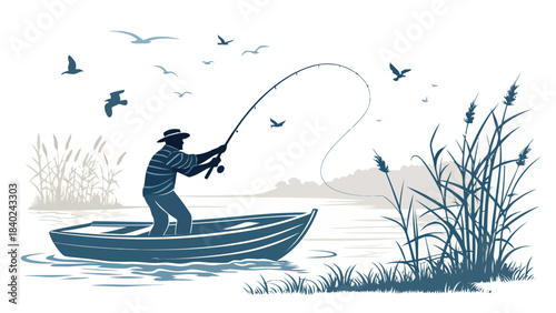 Calm Fishing Angler Silhouette Vector - Person Casting Fishing Rod in Peaceful Outdoor Setting, Recreation and Hobby Illustration for Nature Enthusiasts