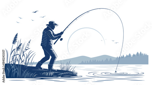 Calm Fishing Angler Silhouette Vector - Person Casting Fishing Rod in Peaceful Outdoor Setting, Recreation and Hobby Illustration for Nature Enthusiasts