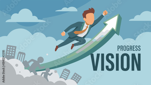 Ambitious executive soaring on an upward arrow, representing business growth and future vision