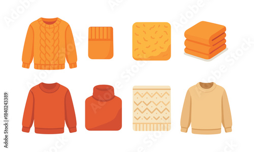 Cozy sweater collection, autumn knits, warm apparel, flat vector illustration