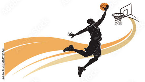 Athletic Basketball Player Silhouette Vector Performing Slam Dunk, Illustrating Airborne Agility and Powerful Scoring.