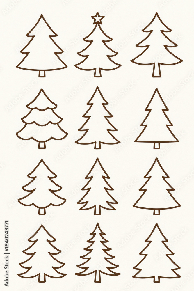 Obraz premium Christmas tree outline clipart set. Christmas tree brown outline clip art collection for xmas decoration simple drawing pine tree elements vector illustration.