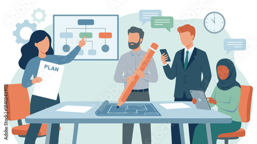 Diverse business team collaborating on project plan and development strategy