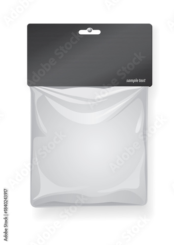 Clear Plastic Retail Packaging Bag Mockup with Black Header Card on White Background
