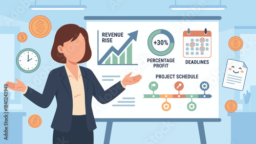 Businesswoman Presenting Growth Metrics and Project Schedule on Whiteboard