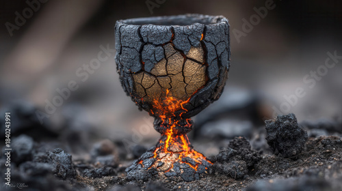Golden chalice emerges from cracked, charred clay cup, glowing with fiery intensity against dark, ashen background. contrast between golden interior and burnt exterior creates striking visual