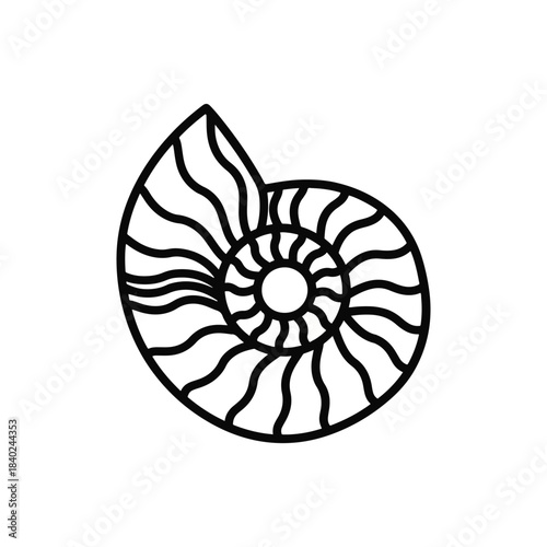 Black and white outline of a coiled, wavy ammonite shell or fossil