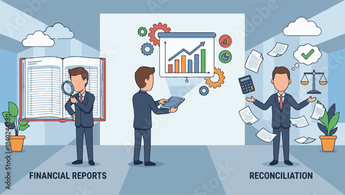 Financial Reports, Data Analysis, and Reconciliation Business Concept
