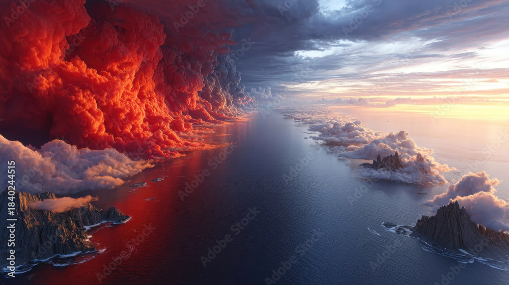 Fototapeta premium Dramatic sky with fiery red and dark thunderclouds stretches over calm ocean, creating striking contrast. horizon glows with soft sunset, enhancing surreal atmosphere