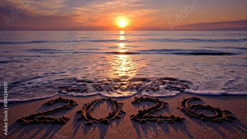 Beach sunset with 2025 inscription new year concept