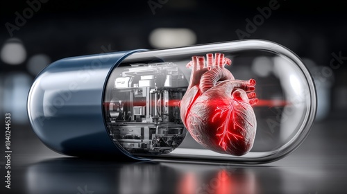 A striking image of a heart in a transparent capsule, symbolizing the blend of medicine and technology
