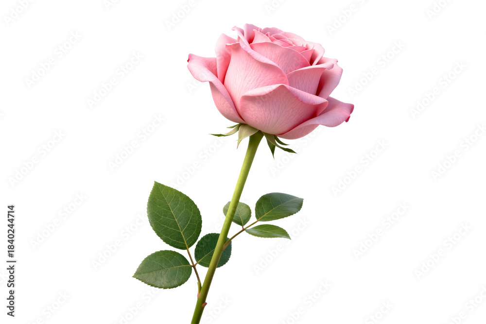 Obraz premium A beautiful pink rose with green leaves on a white background