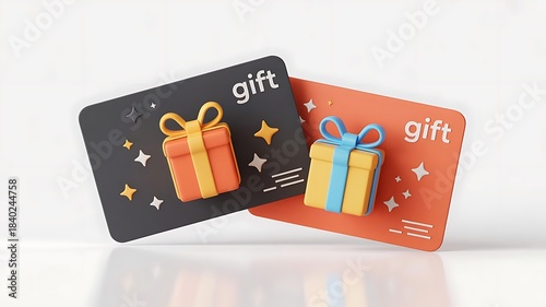 Two stylized 3d gift cards, one black and one orange, featuring small present icons and the word gift on a light background