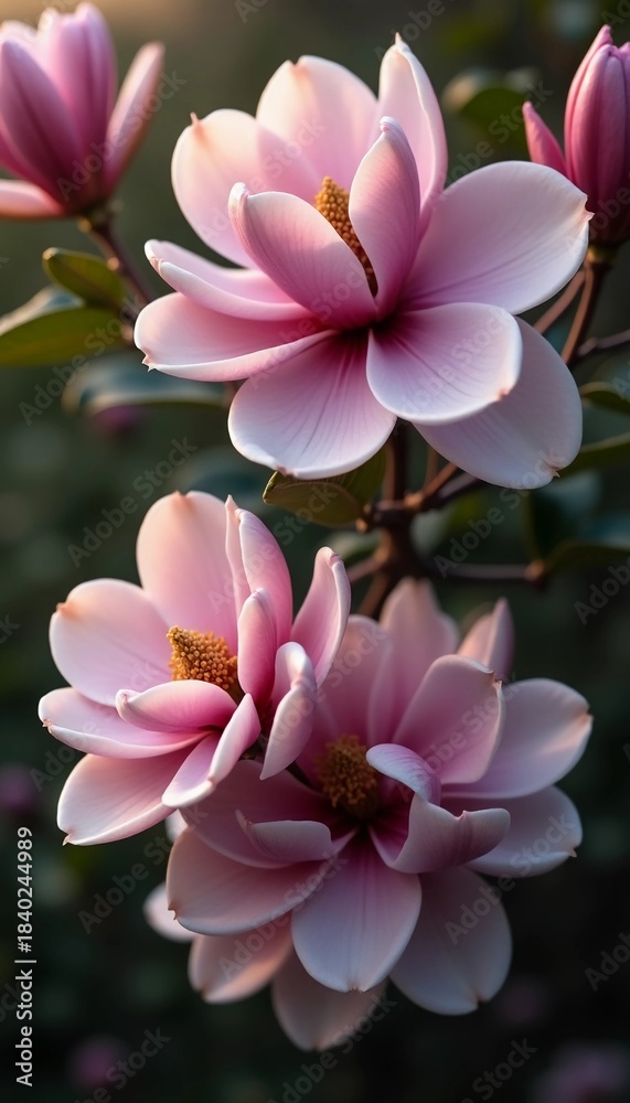 Obraz premium Beautiful magnolia flowers with soft pink petals and golden stamens bloom against a blurred background, illuminated by the warm light of sunset, creating a serene atmosphere Generative AI