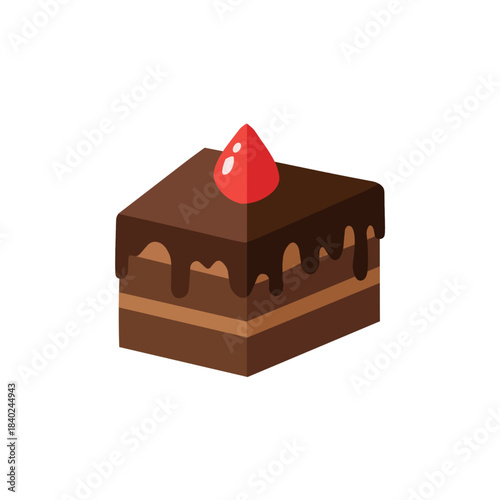Isometric Chocolate Cake Slice with Dripping Icing and Red Topping