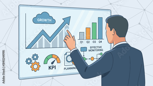 Professional businessman analyzing growth data and KPIs on a digital screen