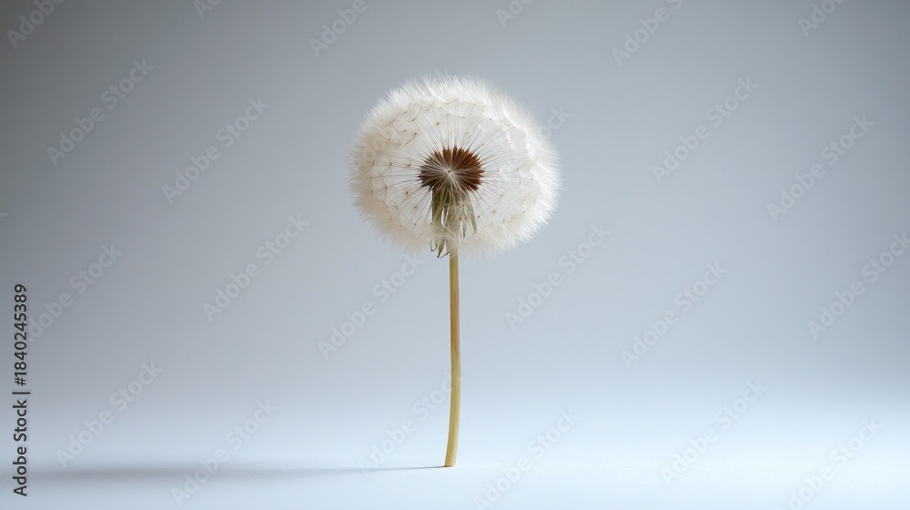Fototapeta premium Single dandelion seed head, pale background